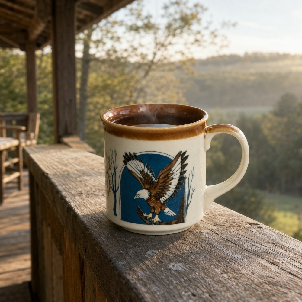 Vintage Bald Eagle Ceramic Coffee Mug Brown Glazed Rim Nature Cabin Decor